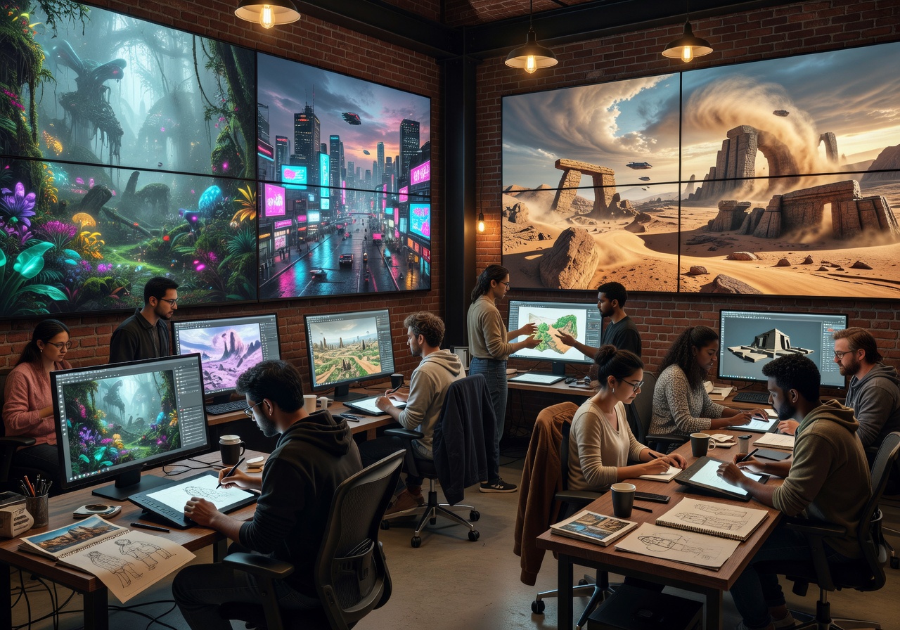 Artists designing concept art for game environments on large displays