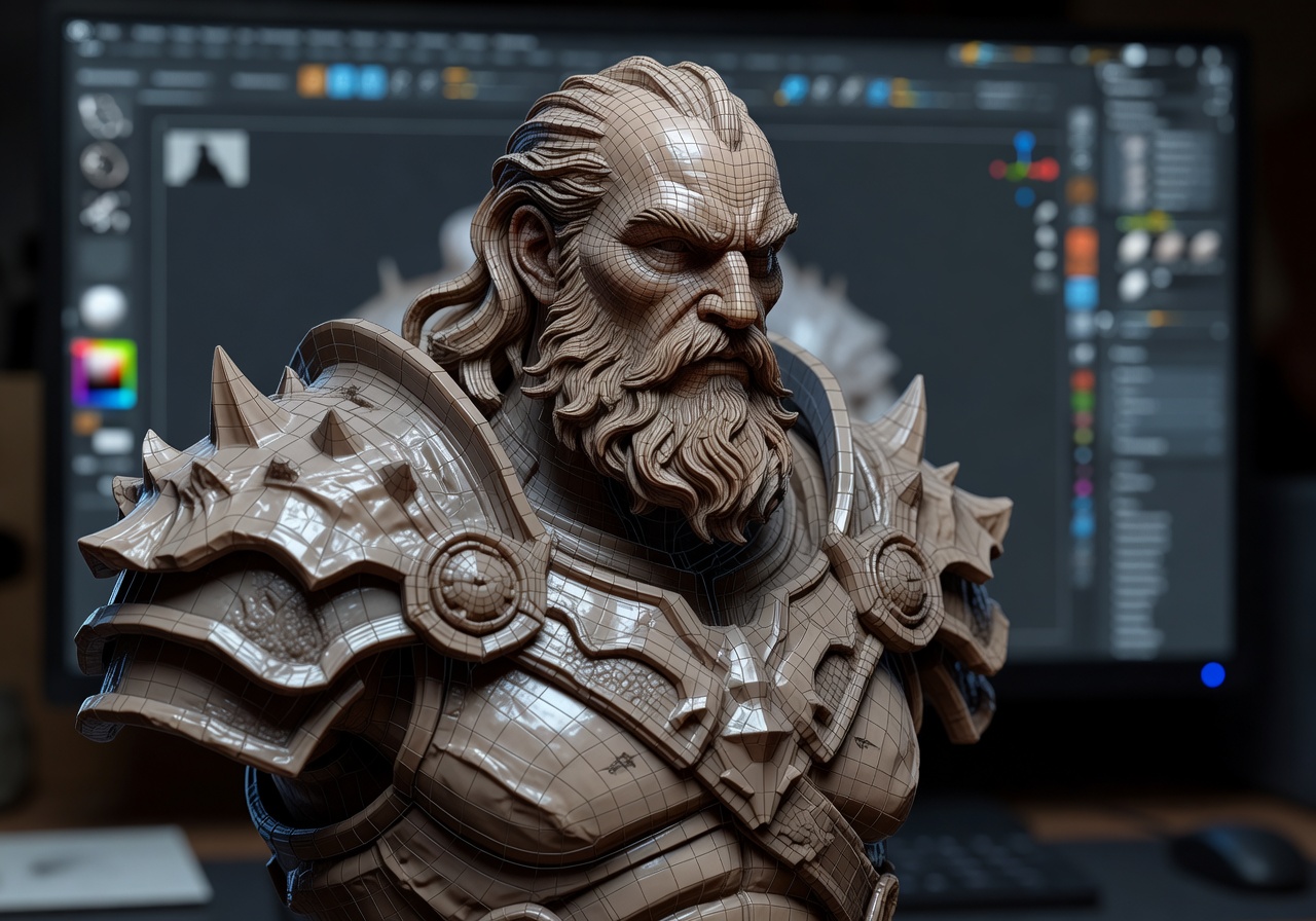 Close-up of game character model being sculpted in 3D software
