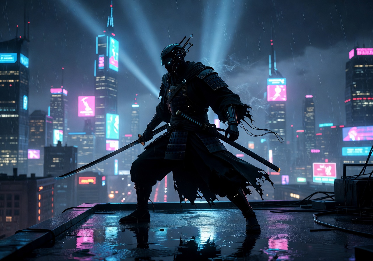 Cyber Ronin game announcement teaser with futuristic samurai silhouette