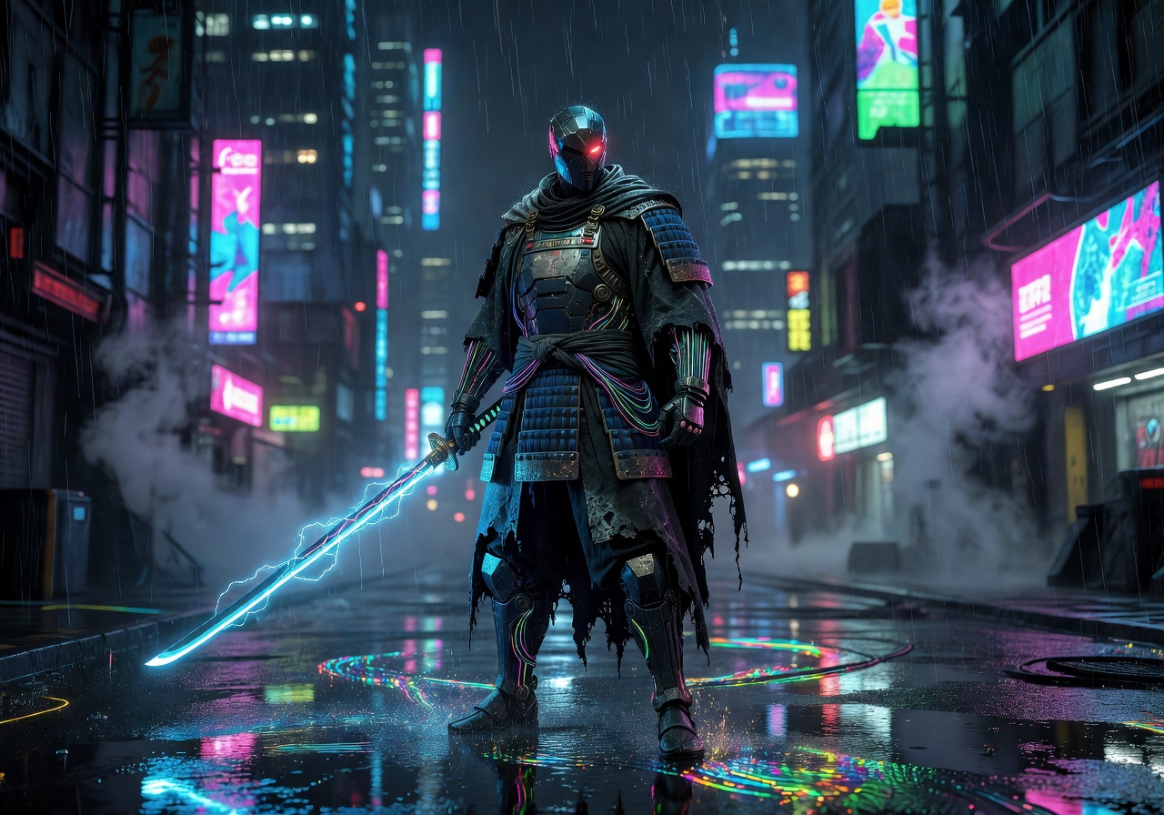 Cyber Ronin game cover featuring futuristic samurai with energy katana in neon rain