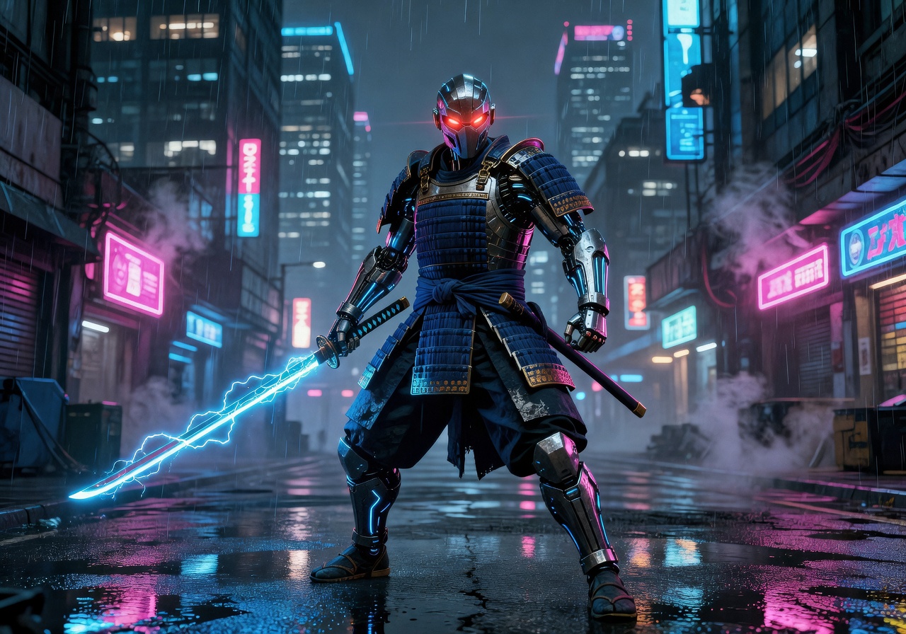Cyber Ronin game cover featuring samurai warrior with cybernetic enhancements and energy blade