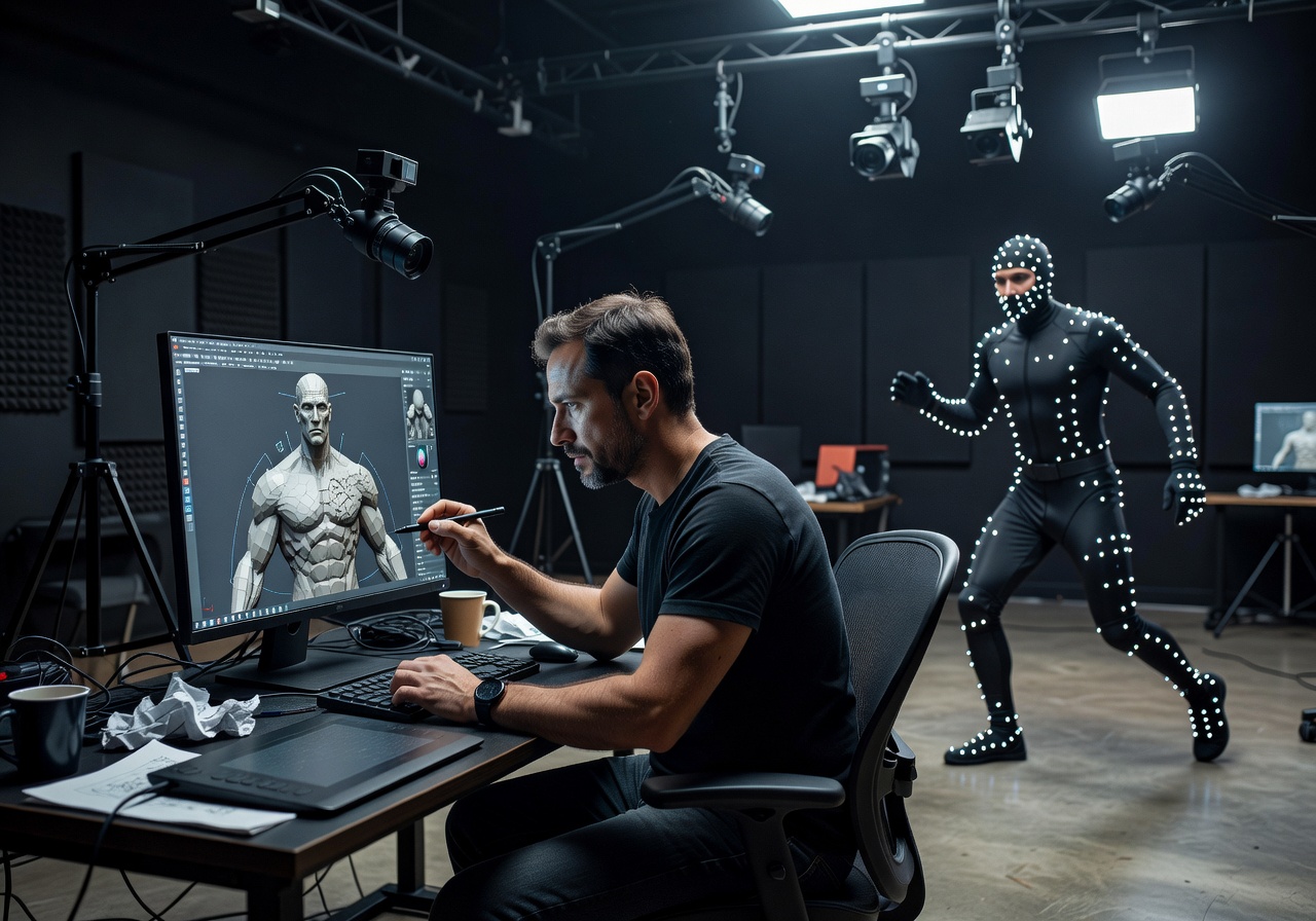 Game developer sculpting 3D character model in motion capture studio