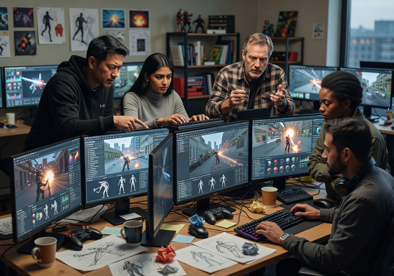 Game development team working on action game with multiple monitors showing game engine