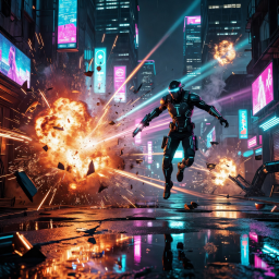 Game trailer thumbnail showing cinematic action sequence with explosions and neon lighting