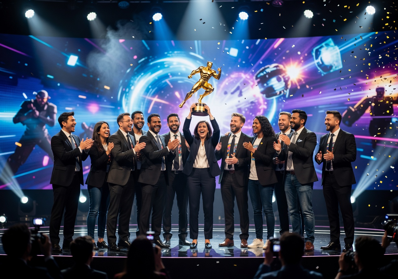 Gaming awards ceremony with Primogamepassage team receiving best action game trophy