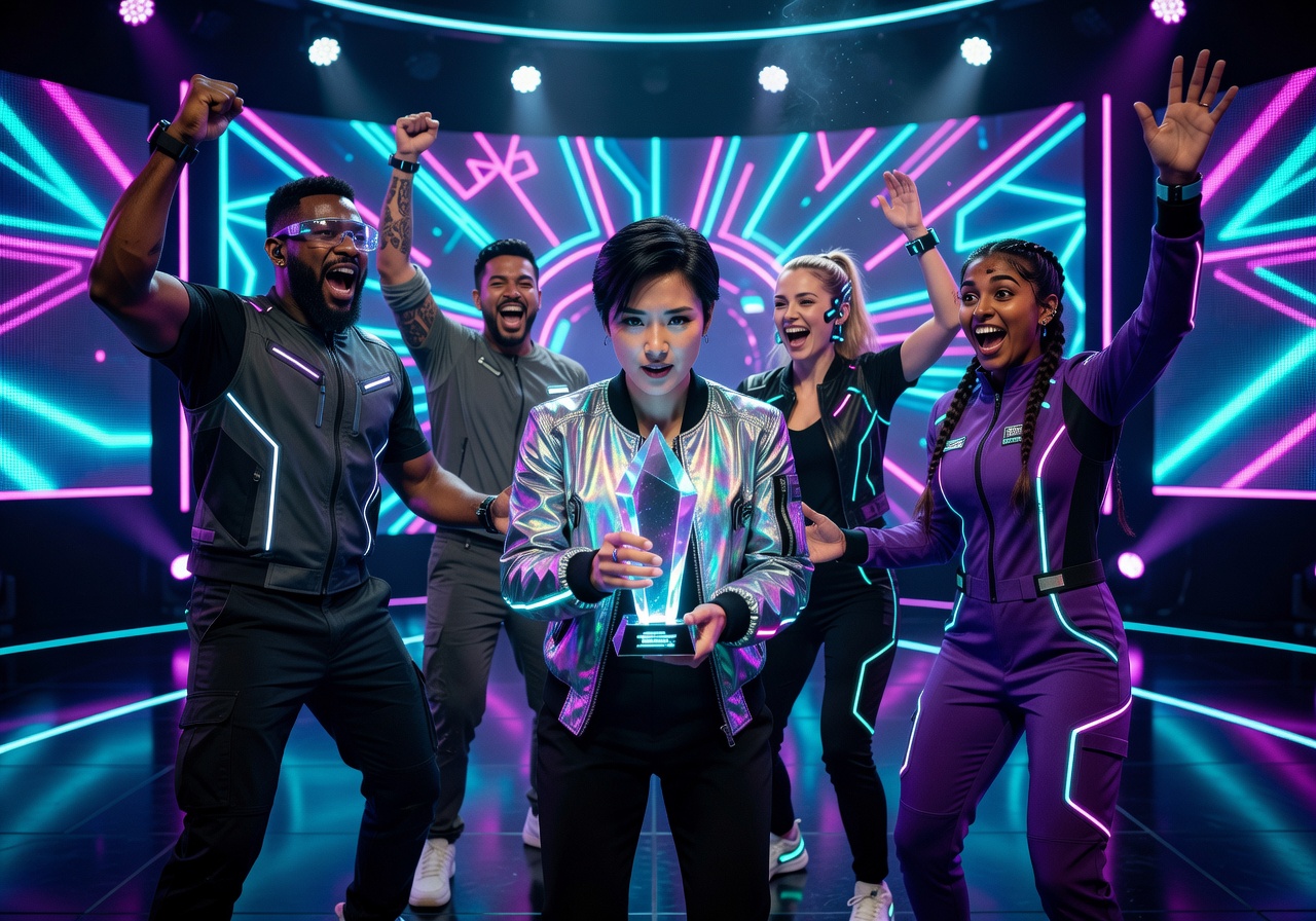 Neon Vanguard award ceremony with team receiving Best Action Game 2025 trophy