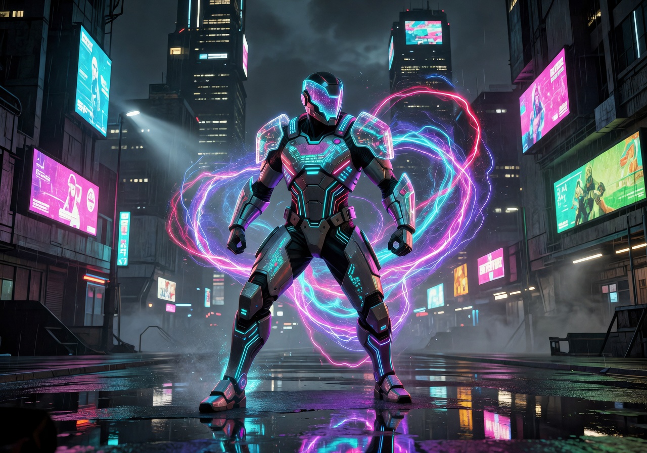 Neon Vanguard game cover depicting futuristic RPG warrior surrounded by neon energy