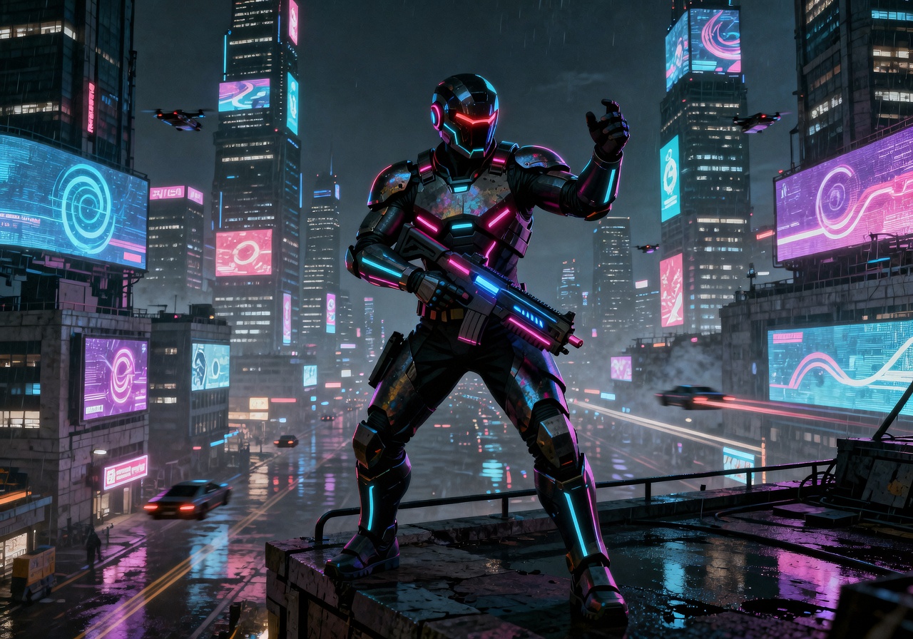 Neon Vanguard game cover depicting futuristic warrior in neon-lit cityscape