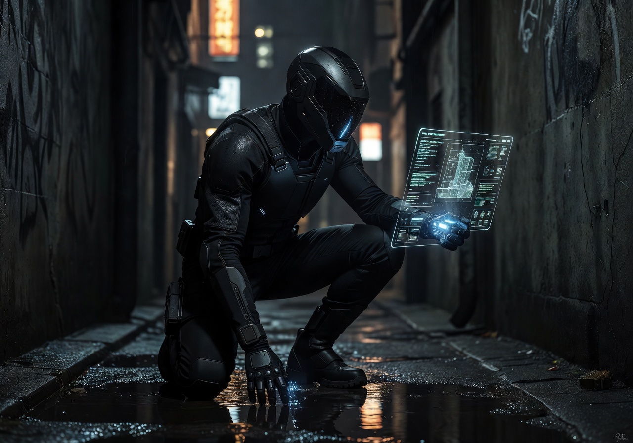 Phantom Protocol game cover showing stealth operative in shadows with holographic interface