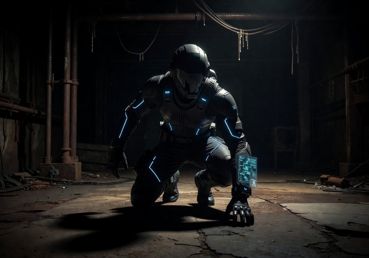 Phantom Protocol game cover with stealth operative in shadows with glowing tech gear