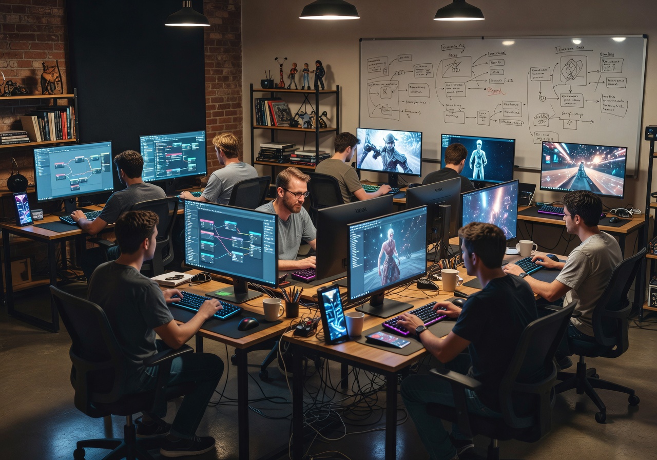 Primogamepassage studio interior with developers working on game projects across multiple screens