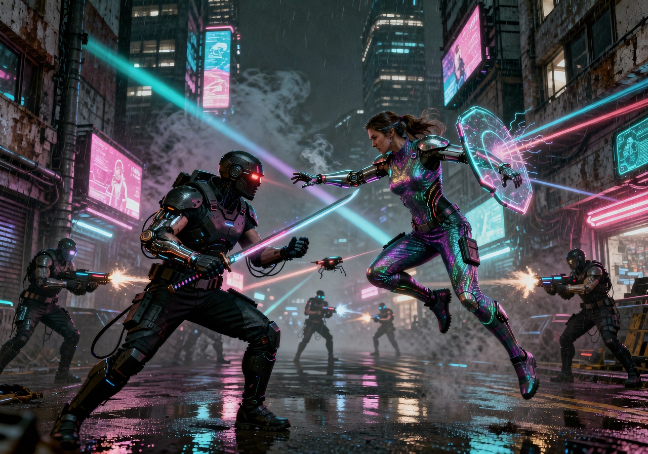 Project Ignite featured game showing futuristic cyberpunk battle scene with neon lighting