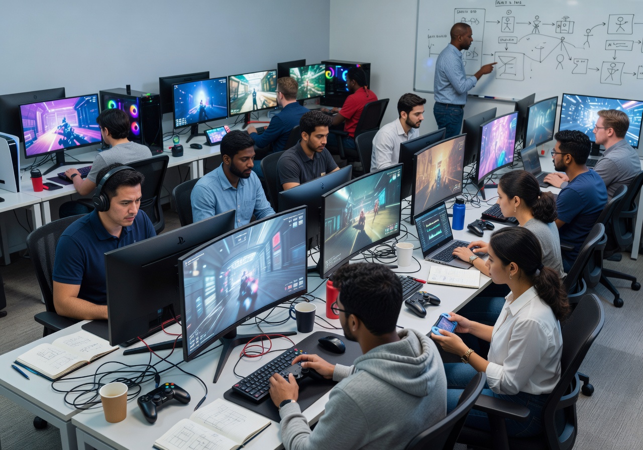 Quality assurance team testing latest game build on multiple platforms