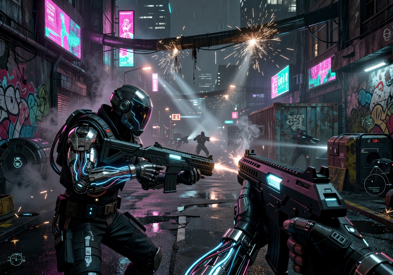 ShadowStrike game cover showing armored soldier with glowing weapon in dark cyberpunk environment