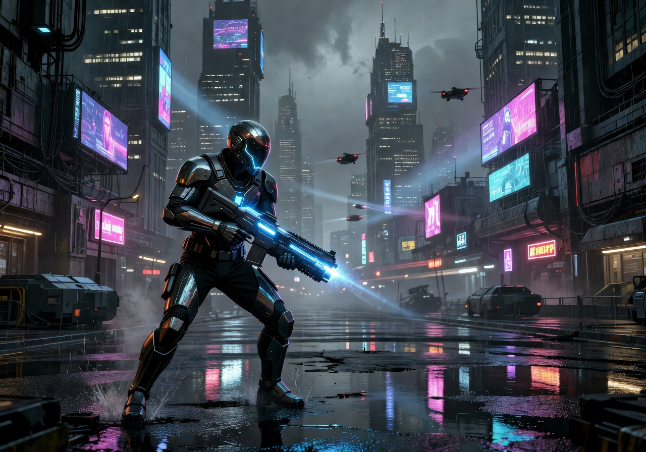 ShadowStrike game cover showing armored operative with glowing weapon in dark cyberpunk megacity