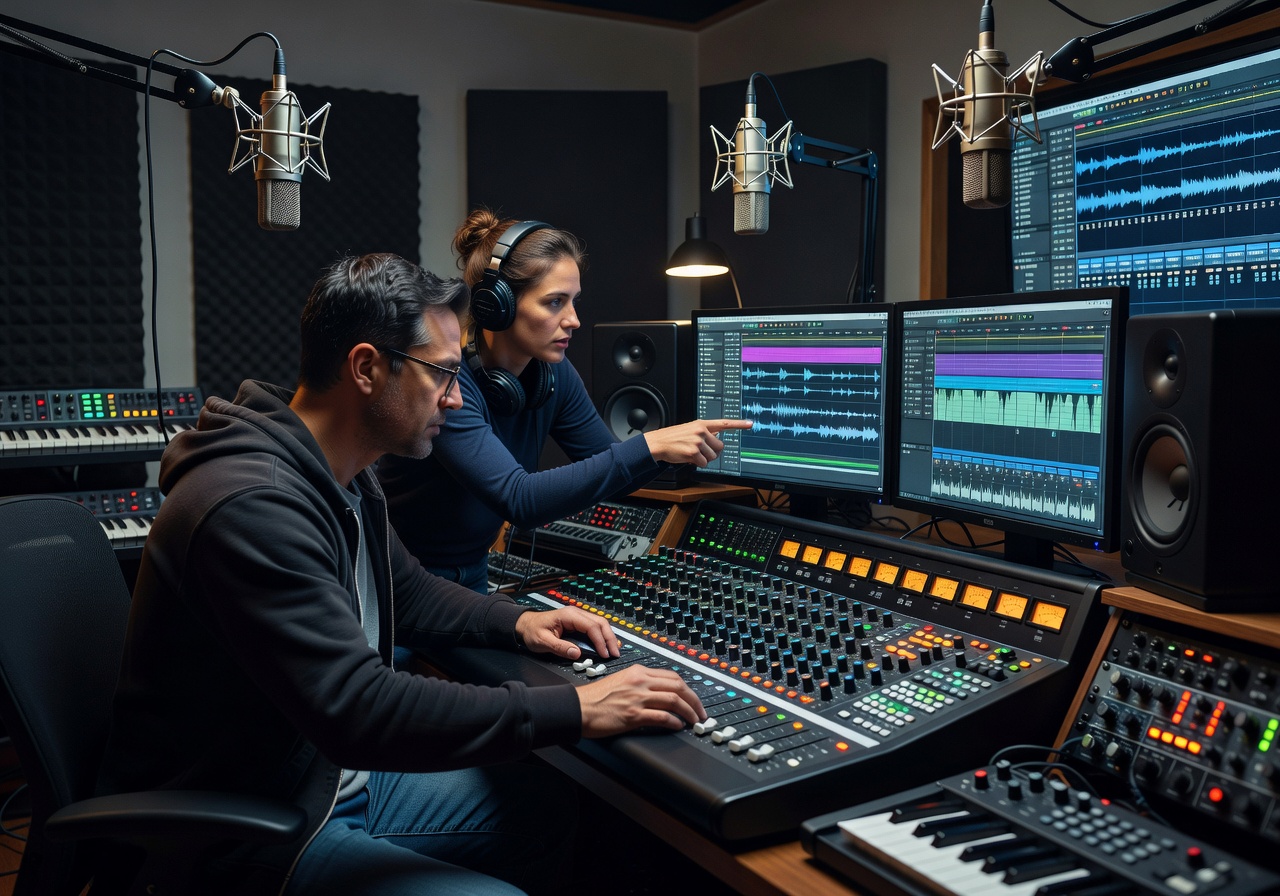 Sound engineers working on game audio and music composition