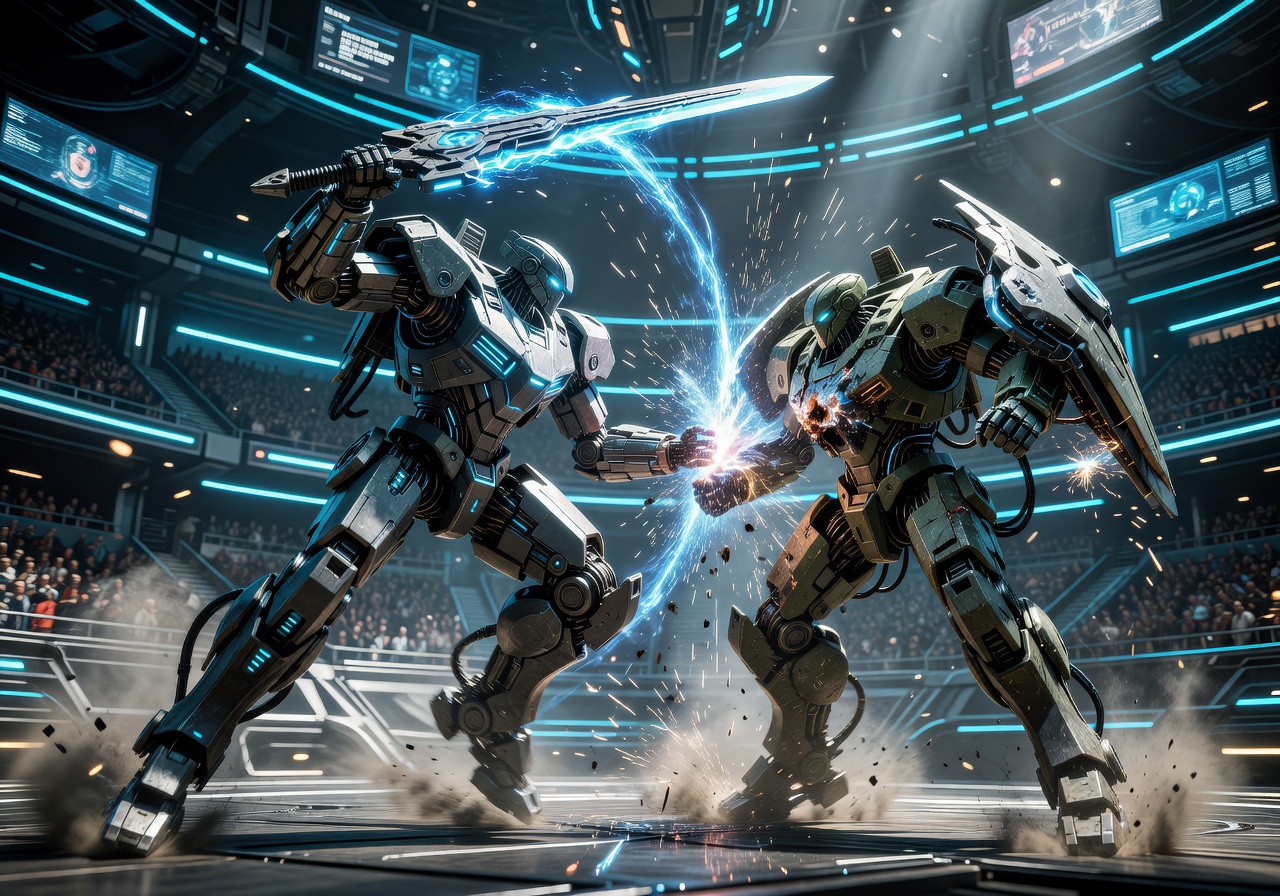Velocity Override game cover depicting high-speed mech combat in futuristic arena